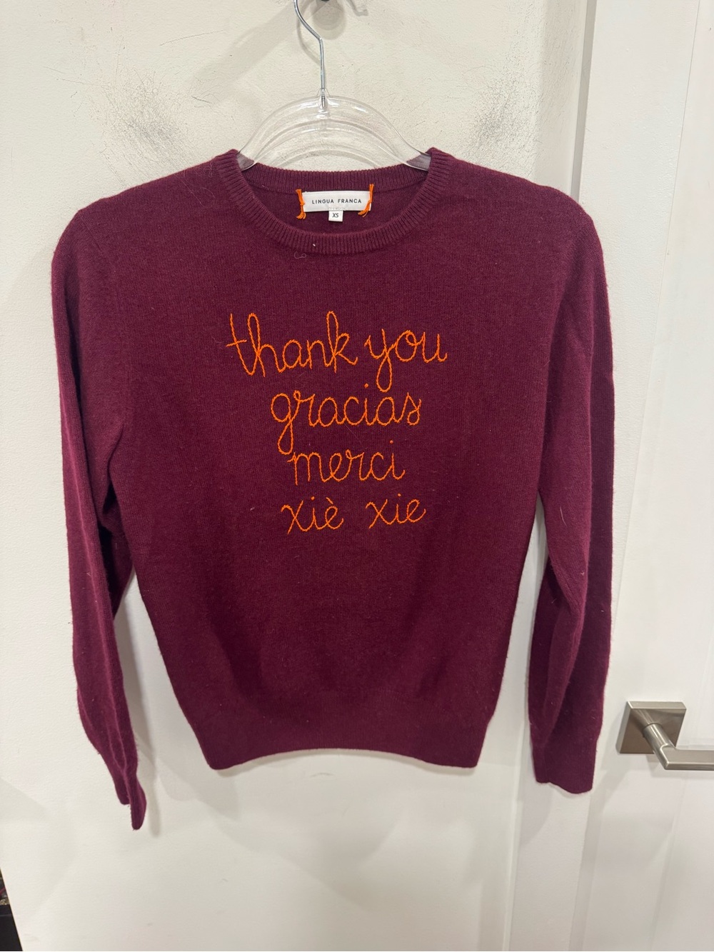 Lingua Franca 'Thank You' Burgundy Cashmere Sweater